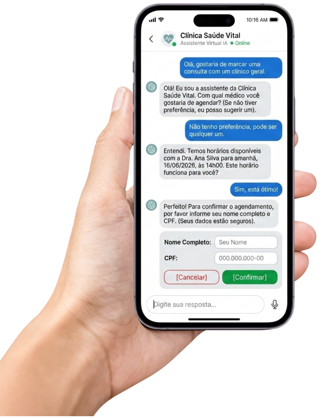 Mão segurando smartphone com chatbot